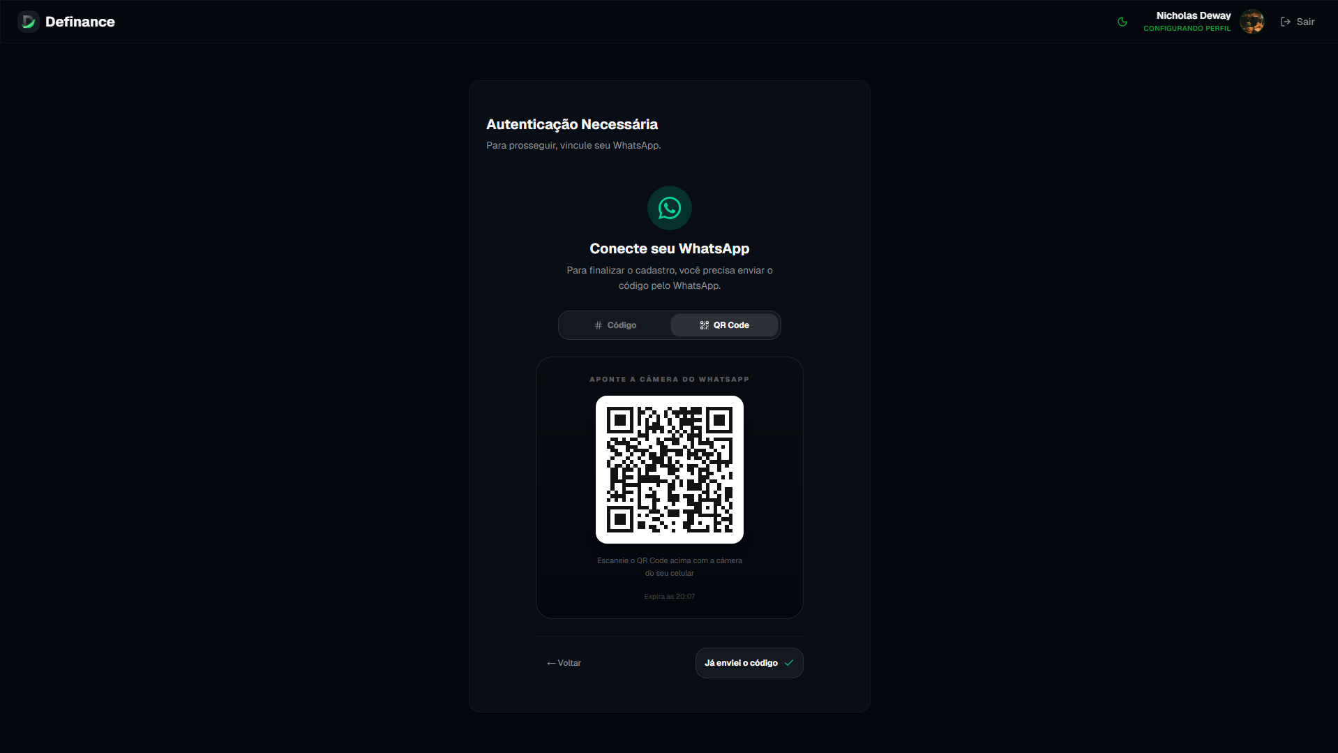 Fluxo de vincular número do WhatsApp